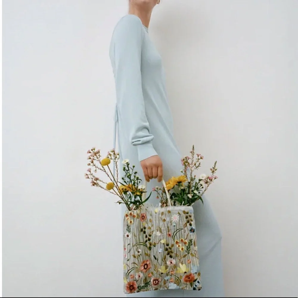 ZARA tulle floral embroidery tote bag - Picture 1 of 4